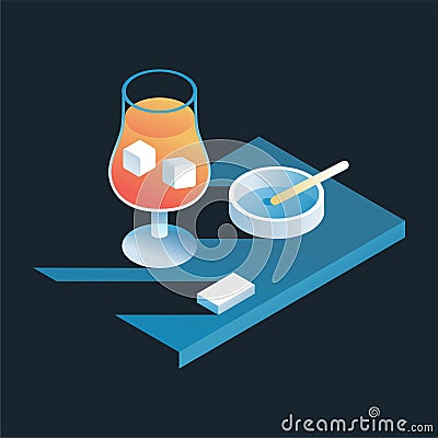 Composition with iced orange drink glass and ashtray. Cartoon Illustration